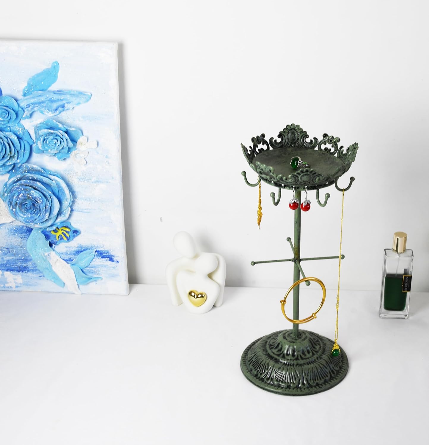 Owlgift Antique Rustic Green Jewelry Organizer Tree - 13.1" Metal Jewelry Tower with Crown Tray, 6 Hanging Hooks & 12 Earring Holes, Bracelet Display Stand for Watches, Bangles, Necklaces & Rings