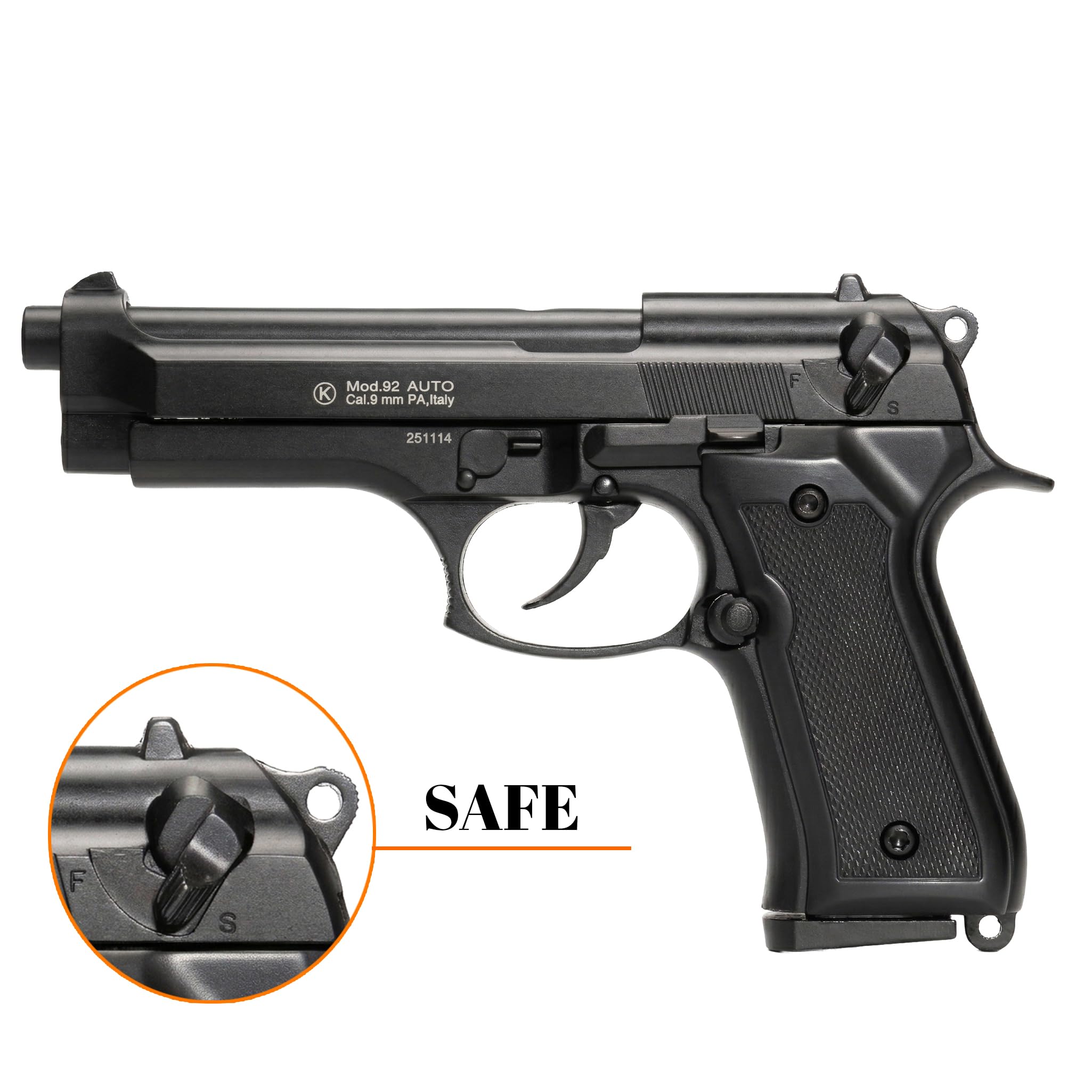 Pistola a salve M92F full metal replica beretta, cal. 8mm, semiautomatica scarrellante, caricatore 18 colpi, valigetta inclusa, made in Italy, 220mm 1100g