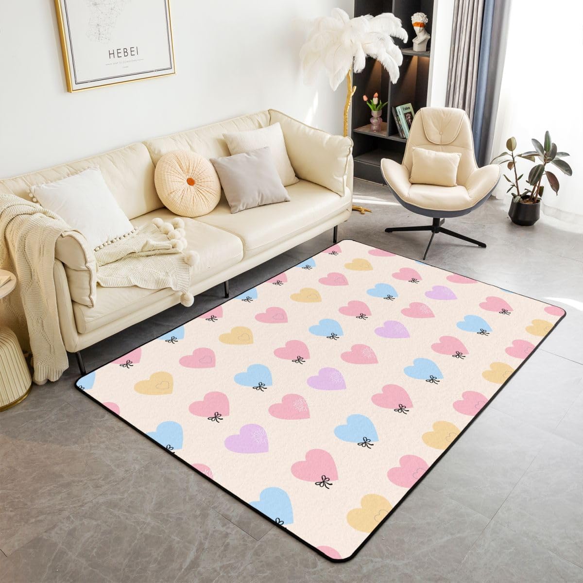 Cute Heart 3x5 Area Rug Cartoon Bow Knot Rugs for Living Room | Colorful Romantic Pink Fantasy Washable Rug,Valentine's Day Theme Love Heart Carpet Indoor Floor Mat,Kawaii Room Decor Aesthetic