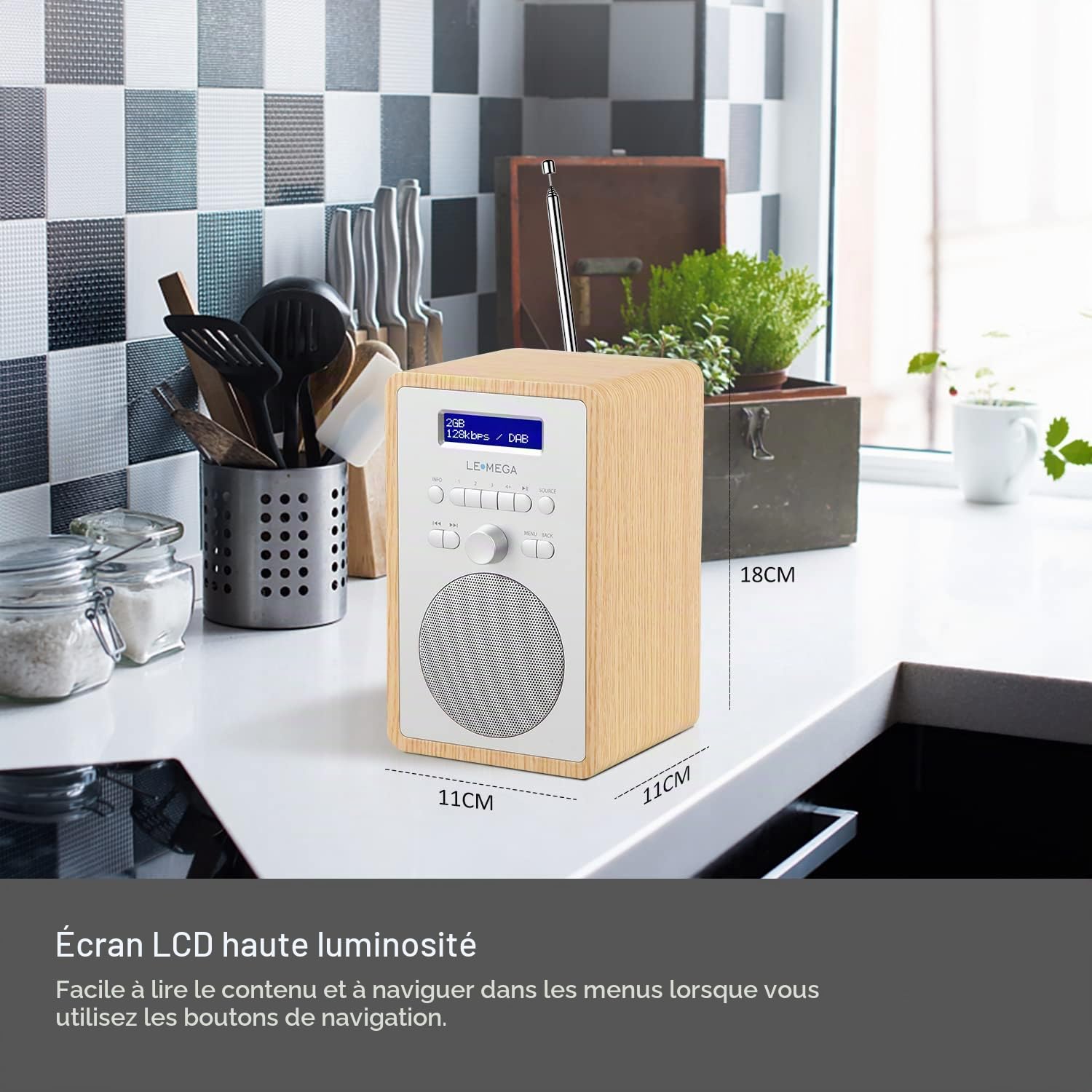 LEMEGA CR2 + Radio numérique Dab/Dab+/FM, boîte en Bois,Double Alarme et Horloge, Veille/répétition,20 Stations préréglées,Casque de Musique,Adaptateur Secteur — Weiße Eiche Finition Chêne