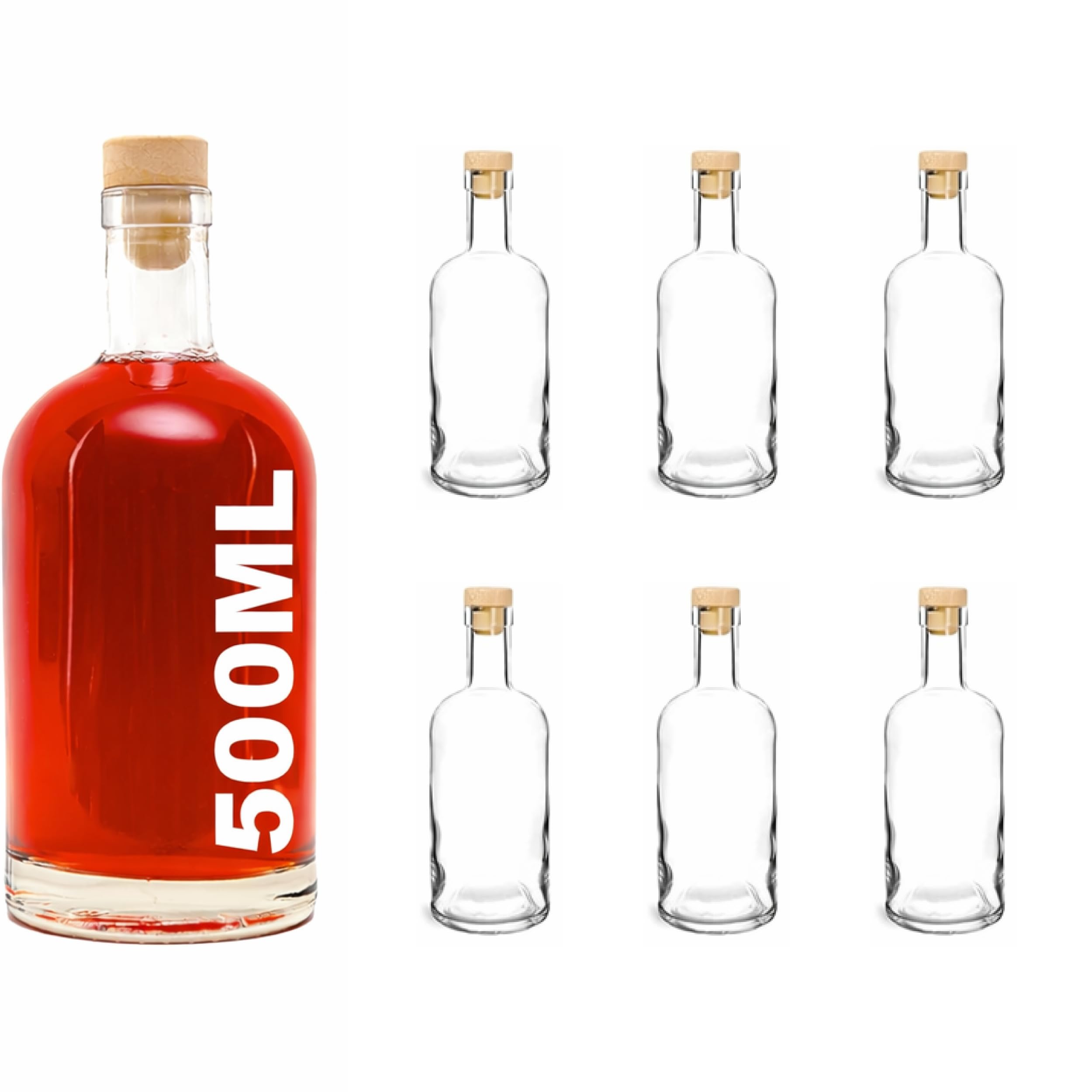 Tapón de Corcho Transparente Botellas de Vidrio vacías 500 ml - Tapas de Corcho Recargables Reutilizables - Apretado al Aire para endrinas Gin Aceite Vinagre Cerveza Vino Sidra(6 x 500 ml)