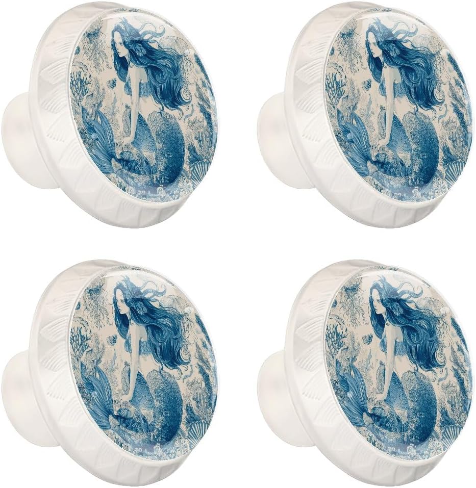 4 Pack Cabinet Knobs, Elegant Mermaid White Knobs with Screws Round Furniture Drawer Pulls Handle for Dresser Cupboard Wardrobe Closet Hardware
