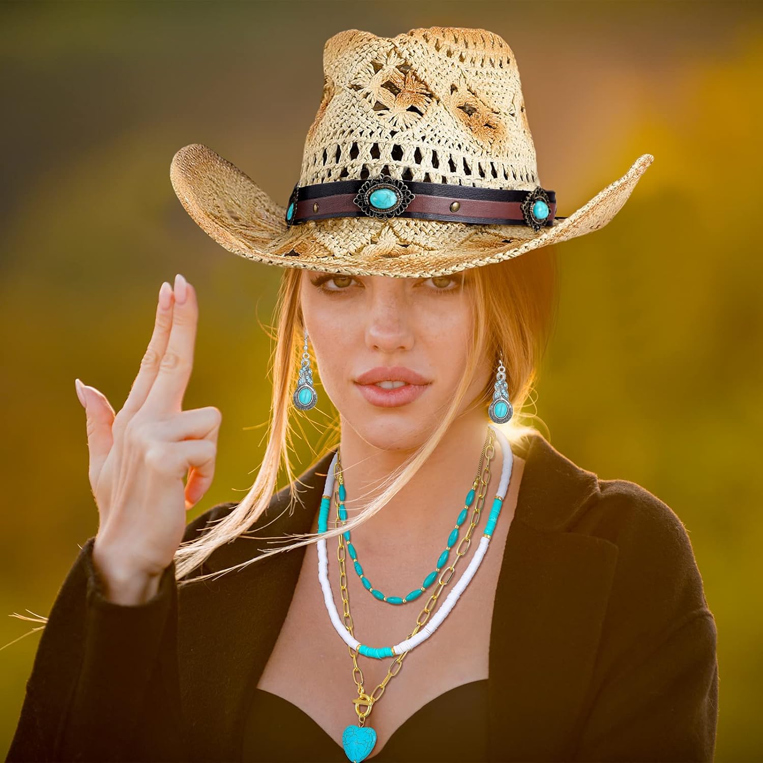Unittype 14 Pcs Cowgirl Accessory Set Woven Straw Cowboy Hat with Cowboy Hat Band Bohemian Turquoise Jewelry for Woman - Image 7
