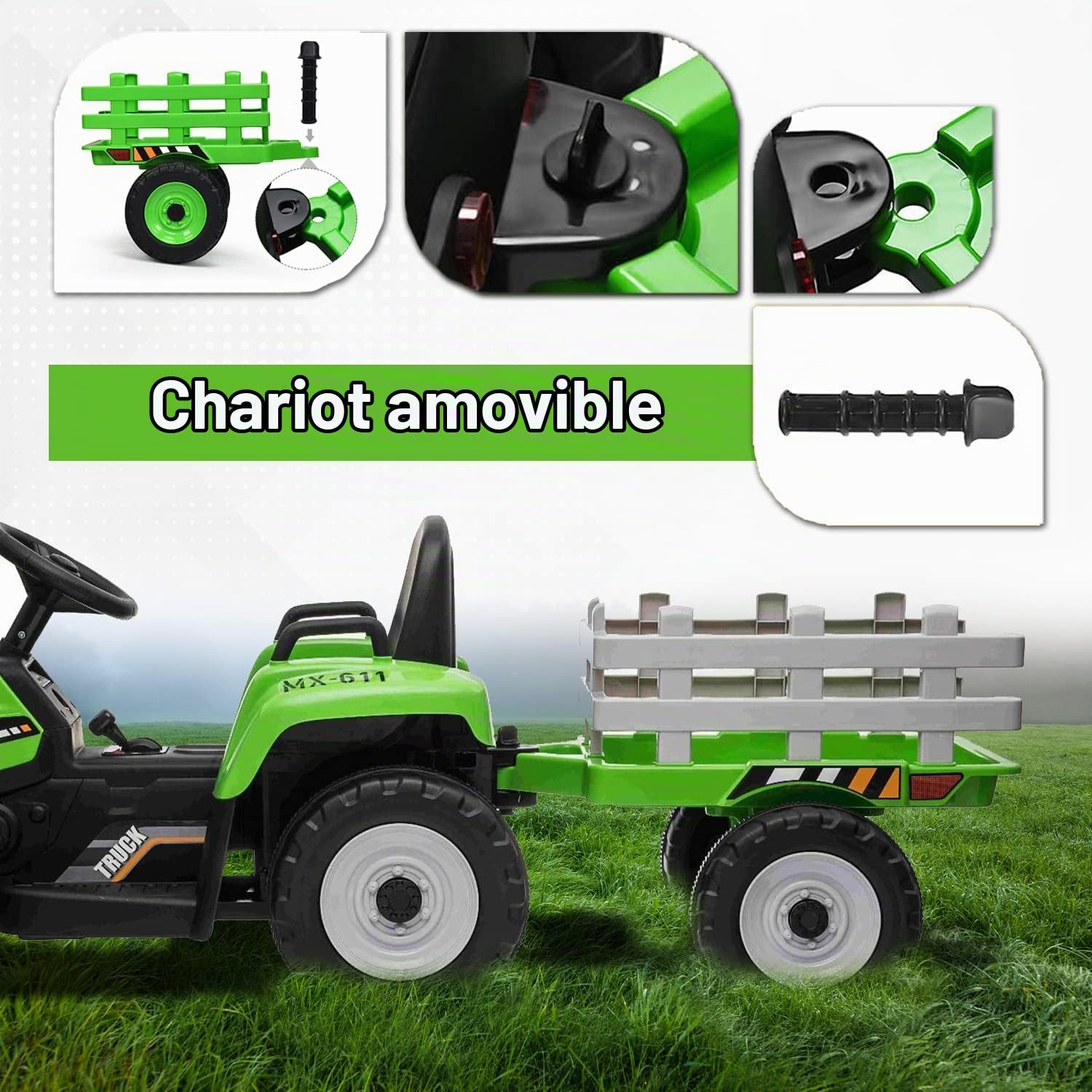 Tracteur électrique Workers avec remorque, Vert, Traction arrière, Batterie au Lithium, Roues Plastique, Large siège, télécommande 2,4 GHz, Lecteur MP3 avec entrée USB + Bluetooth, lumières LED