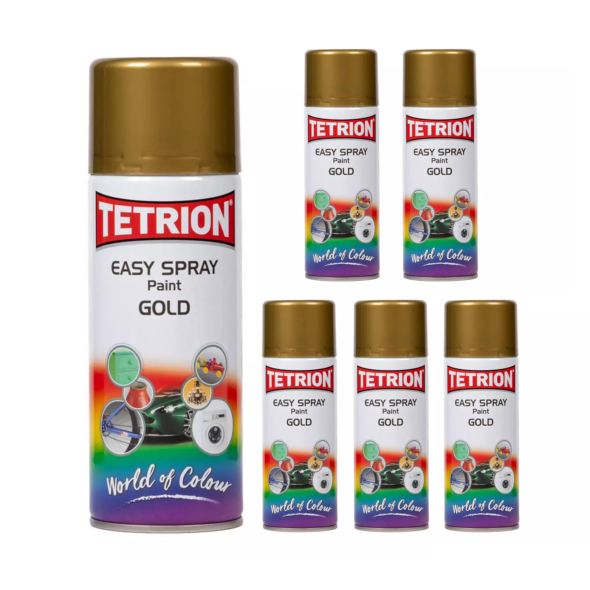 Tetrion Easy Spray Paint - Gold 13.5 oz (Pack of 6) – Multi-Use Fast-Drying Metallic Acrylic Spray Paint for Metal, Wood, Plastic &amp; Ceramic – Indoor/Outdoor, 400ml