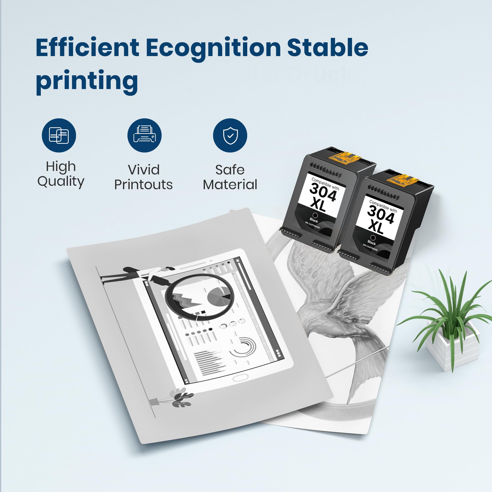 304XL Nero Sostituzione per Cartucce HP 304 304XL Nero per DeskJet 3760 3762 2630 3750 3735 3700 3720 Envy 5010 5030 5032 5020 (2 Nero, Alta capacità)