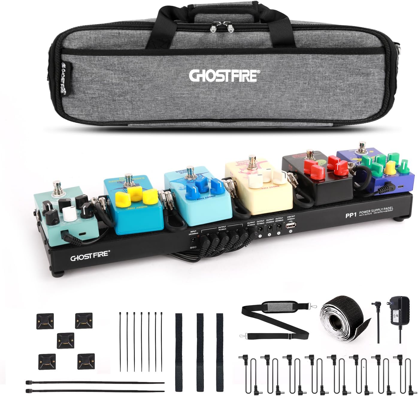 Ghost Fire Guitar Pedal Board with Built-in Isolated Power Supply 19.3''x5.1'' Aluminum Alloy Effect Pedalboard with Carry Bag,PP series (PP1)