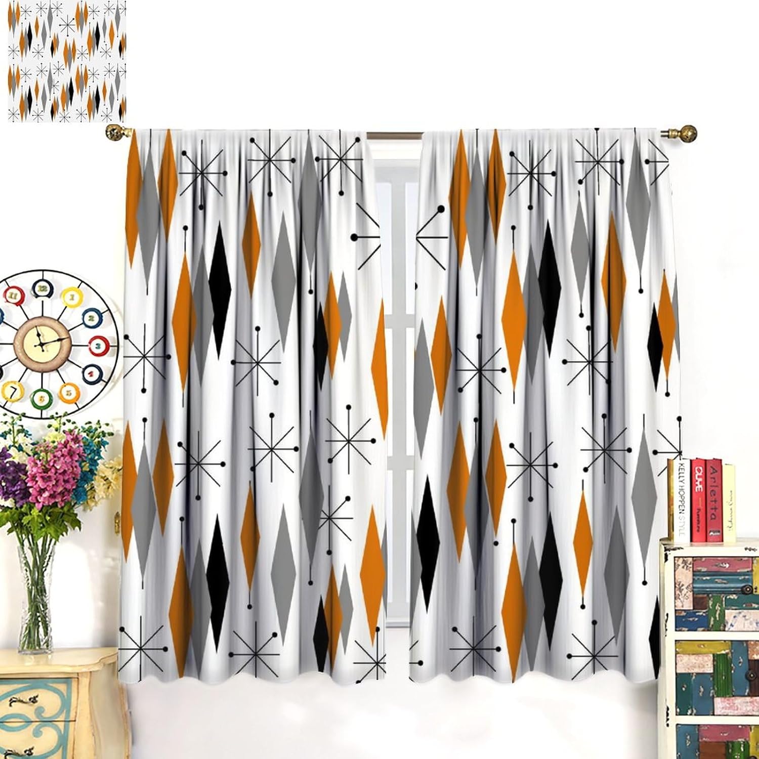 Vintage Mid Century Black Stripe Blackout Curtain Modern Abstract Geometric Noise Reducing Drapes Rod Pocket Bedroom Dining Room Living Room Kitchen Cafe 2 Panels 42x45 in