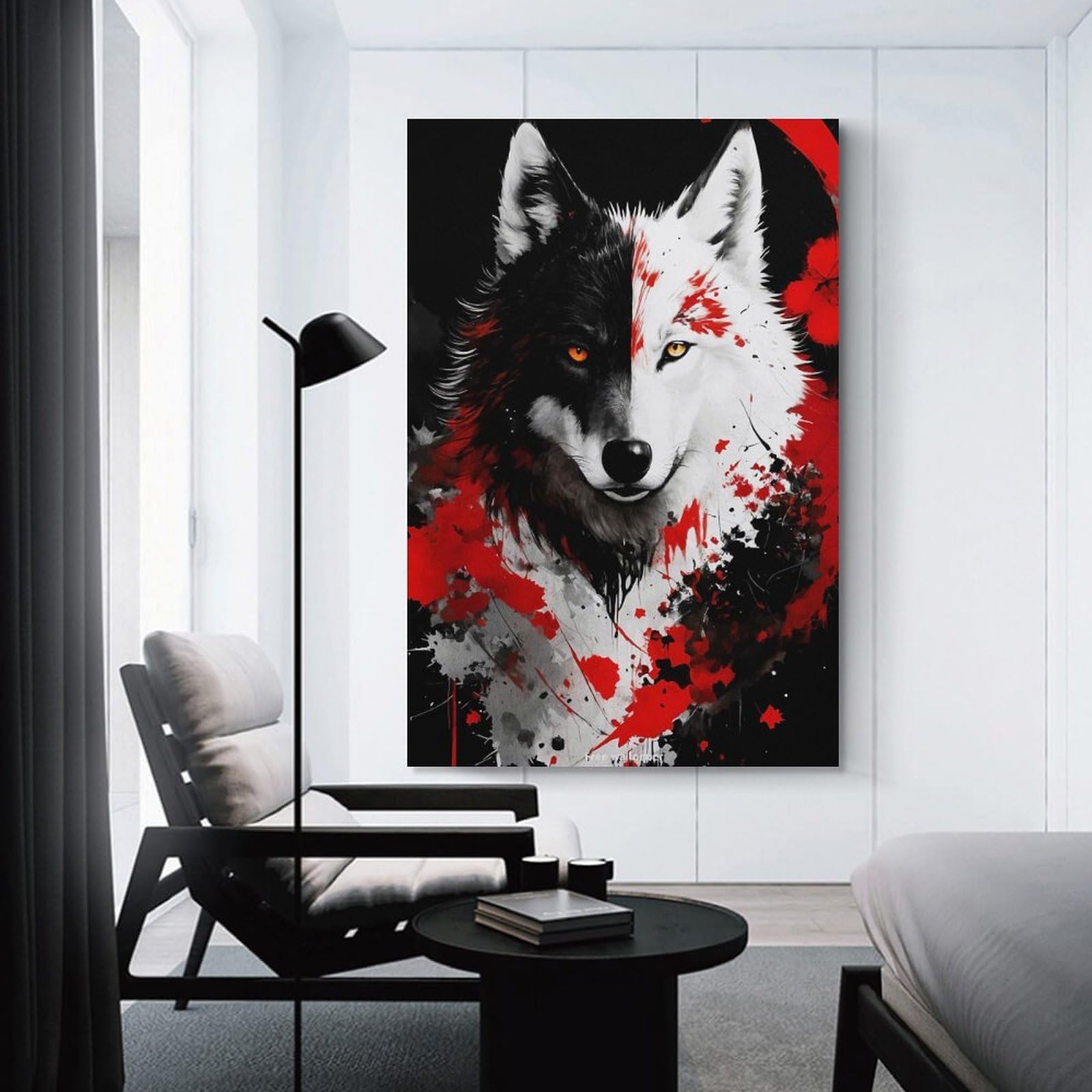 Junmoney Unframe-Style-4 Wolf In Red And Black Canvas Wall Decor 20X30inch(50X75cm), For Study, Office Or Focused Interiors, Wall Art That Adds Style To Work Areas