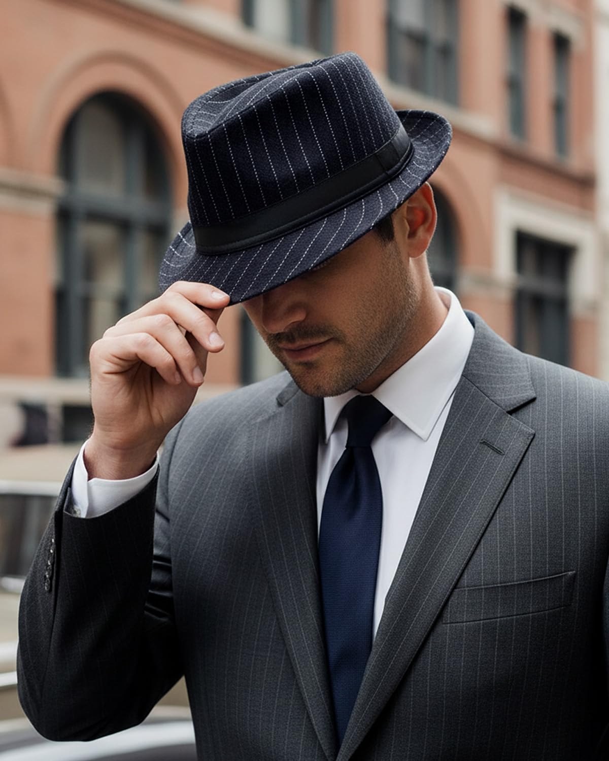 Zylioo XL Trilby Fedora Cappello da uomo in lana anni '20 Manhattan cappello gessato gangster cappello a tesa corta Panama Jazz Cap
