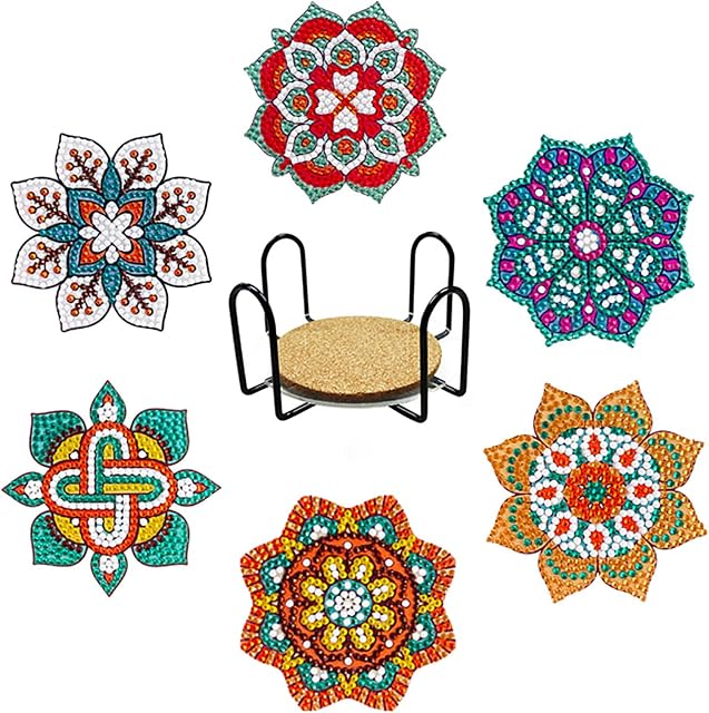 Coasters for Drinks, 6 Pack Diamond Art Coasters with Holder Absorbent Coaster Drink Mat Vintage Flower Drink Coasters Cup Mat Diamond Painting Kits Housewarming Gift for Table Dining Room Decor