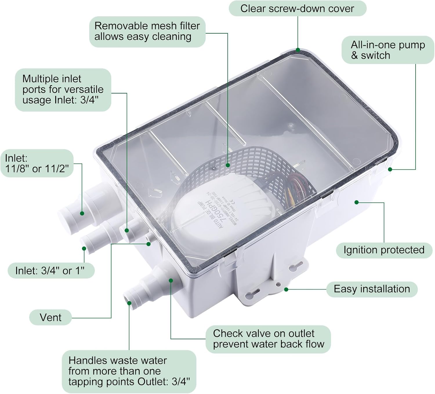 NovelBee 24V 750 GPH Boat Marine Shower Sump,Built-in Automatic Bilge Pump,Shower Pump System Kit with Multiple Inlet Ports