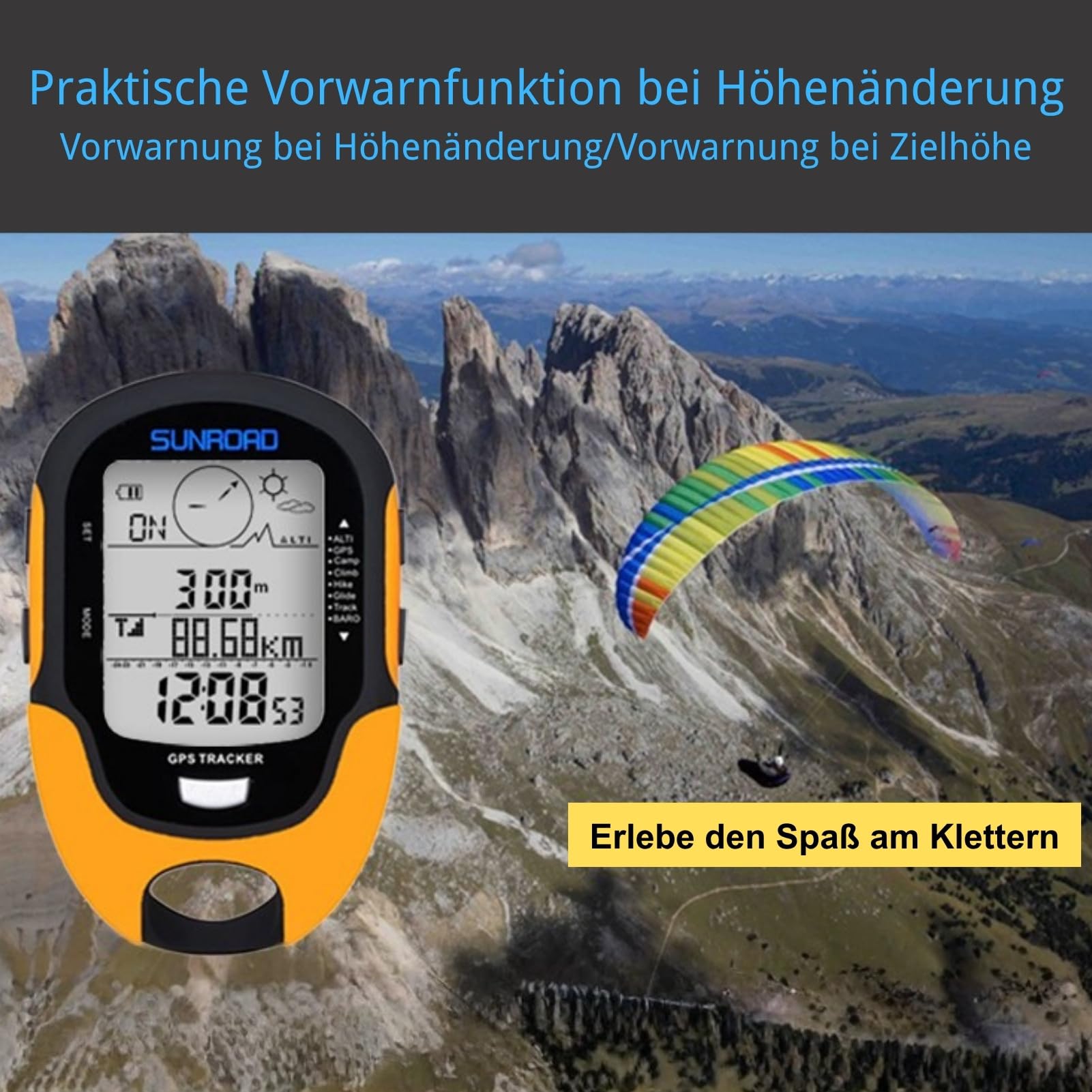 GPS Höhenmesser Barometer, Multifunktionale GPS Messgerät mit Hochpräzise Sensor, Kompass, Thermometer, Hygrometer, Wettervorhersage, Uhr, Datum, LED Taschenlampe, Wecker, IPX4 wasserdichte