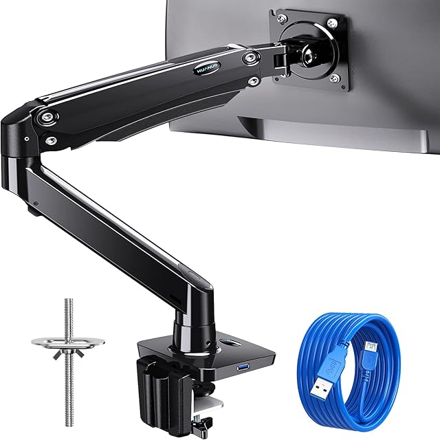 HUANUO Single Monitor Arm Desk Mount for 22-35 Inch Screens, Monitor Mount with USB Cable, Vesa Mount Support 2-12kg, Gas Spring Monitor Stand, Height Adjustable, VESA 75x75/100x100mm