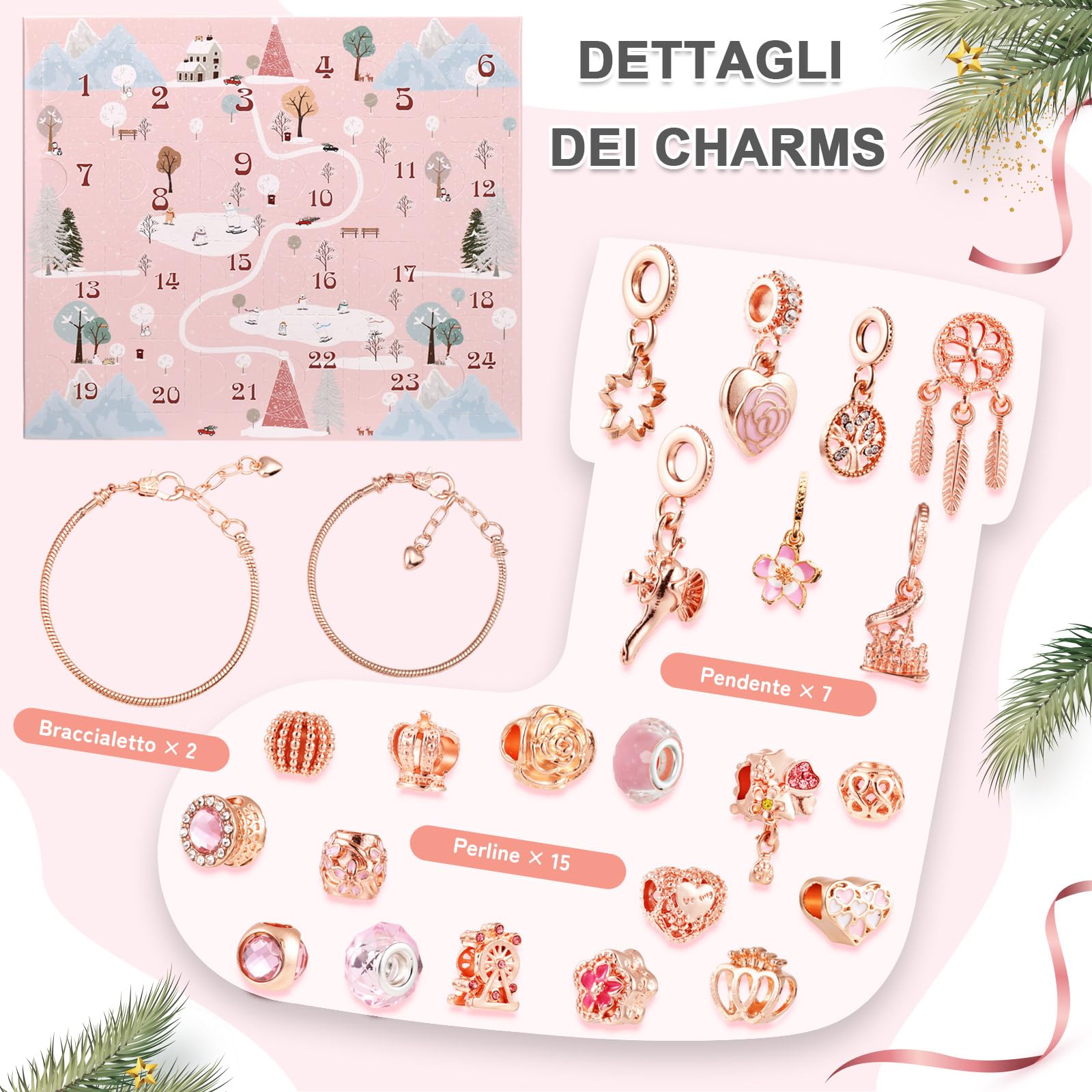 LEMESO Calendario Avvento 2025 Bambina, Calendario Avvento Ragazza Braccialetti Fai da Te, Gioielli per Bambine 6 7 8 9 10 11 12 13 Anni, Regalo Natale (Oro Rosa)