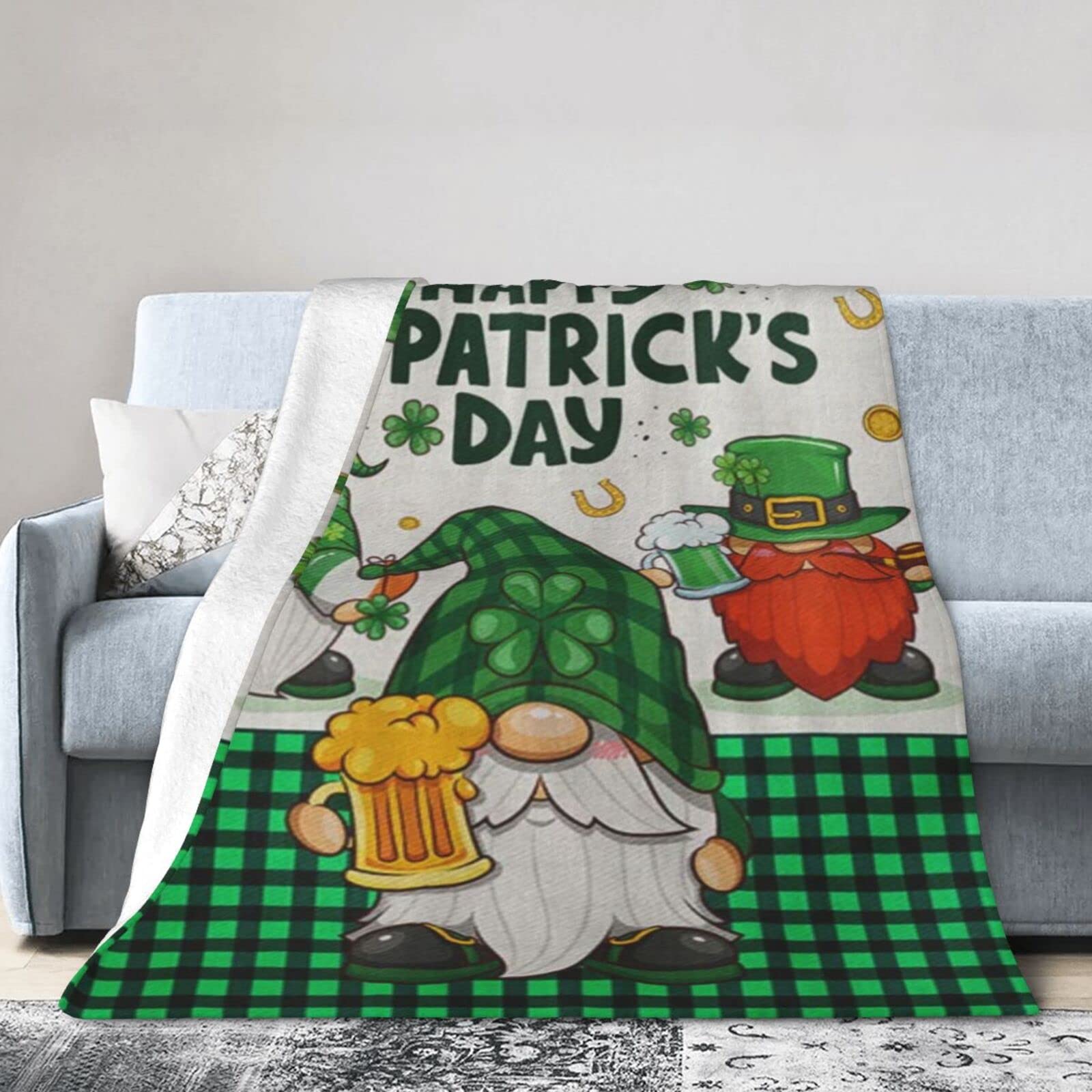 Lsjuee Flannel Fleece Blanket 50"X40" Happy St. Patrick‘s Day Gnome Sofa Throw Blanket Quality Ultra-Soft Travel Spring Blankets for Adult Keep Warm
