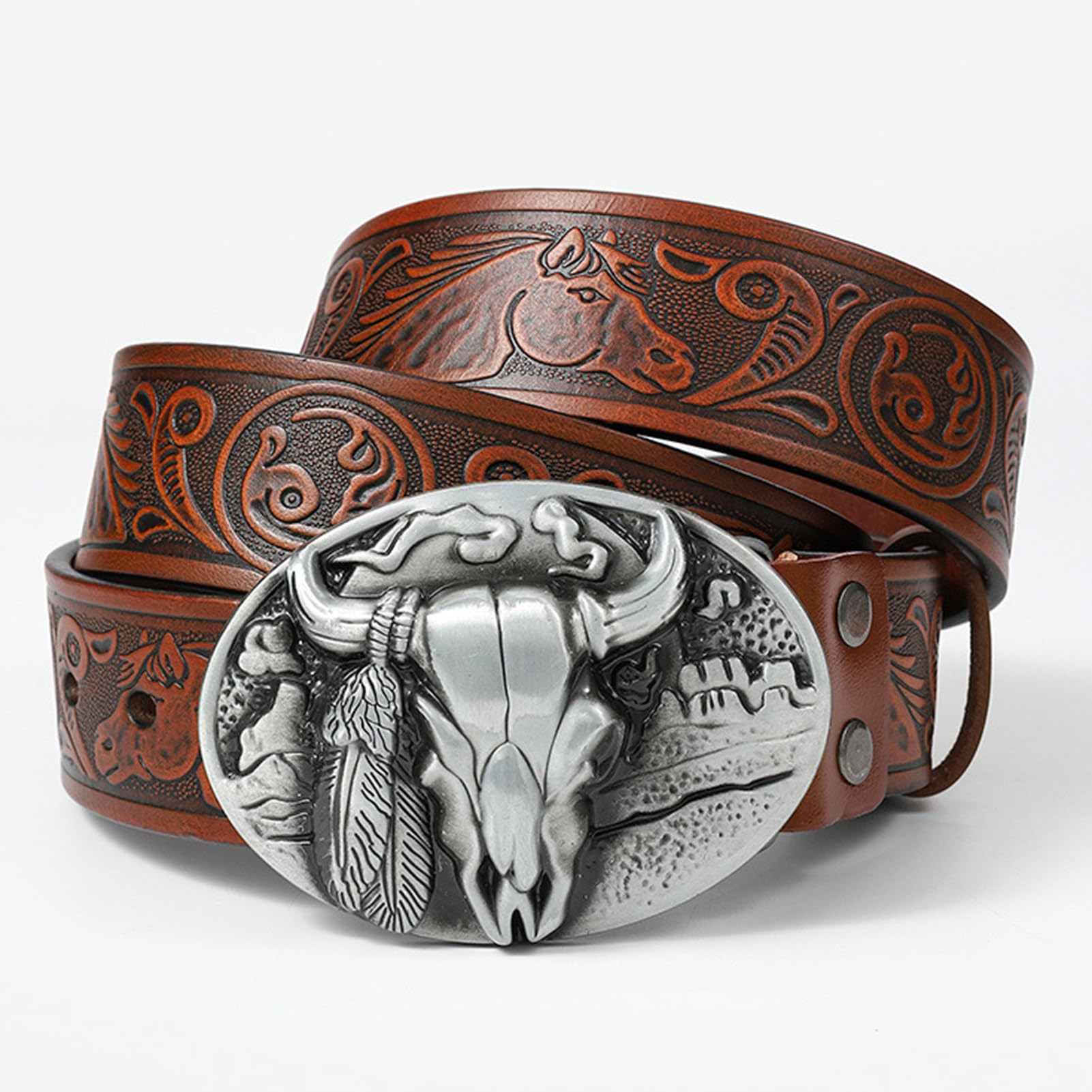 Cintura Da Uomo In Pelle Di Vacchetta Goffrata, Fibbia Ovale Con Teschio Toro Western Vintage, Cinturino Cowboy Incisione Floreale