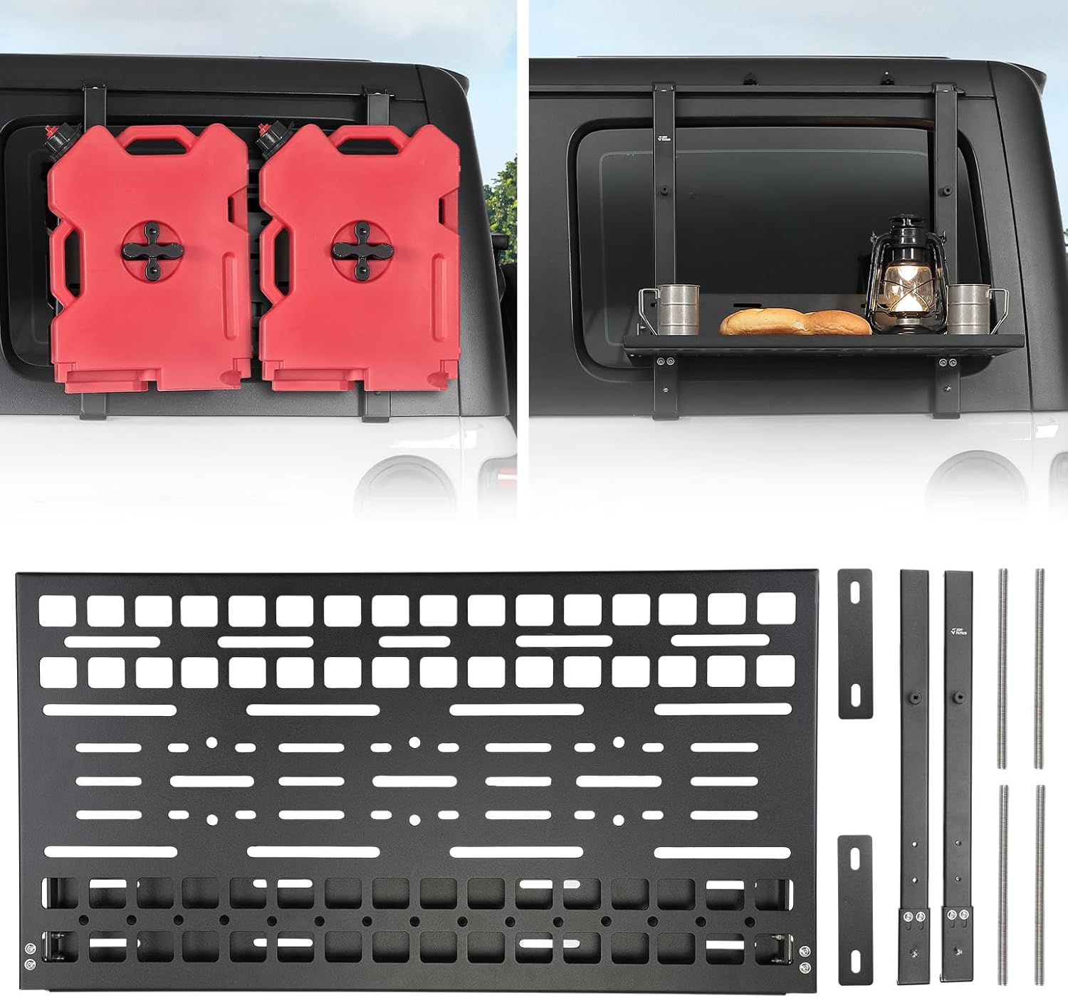 JOYTUTUS Rear Window Storage Molle Panel Kit Compatible with Wrangler JL JLU 2018-2026(Hard Top Only), Openable Camping Table Wrangler Cargo Bracket for Gas Can Mount Recovery Traction Boards Mount