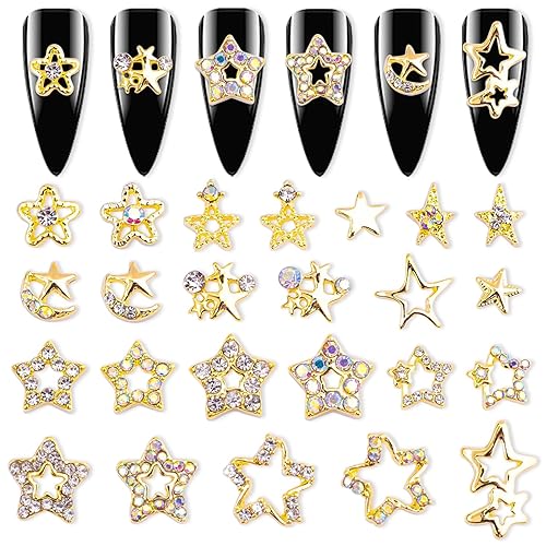 WOKOTO 24 dijes de estrellas doradas para uñas, diamantes de imitación para uñas, arte de estrellas 3D, dijes para uñas acrílicas, estrellas 3D para