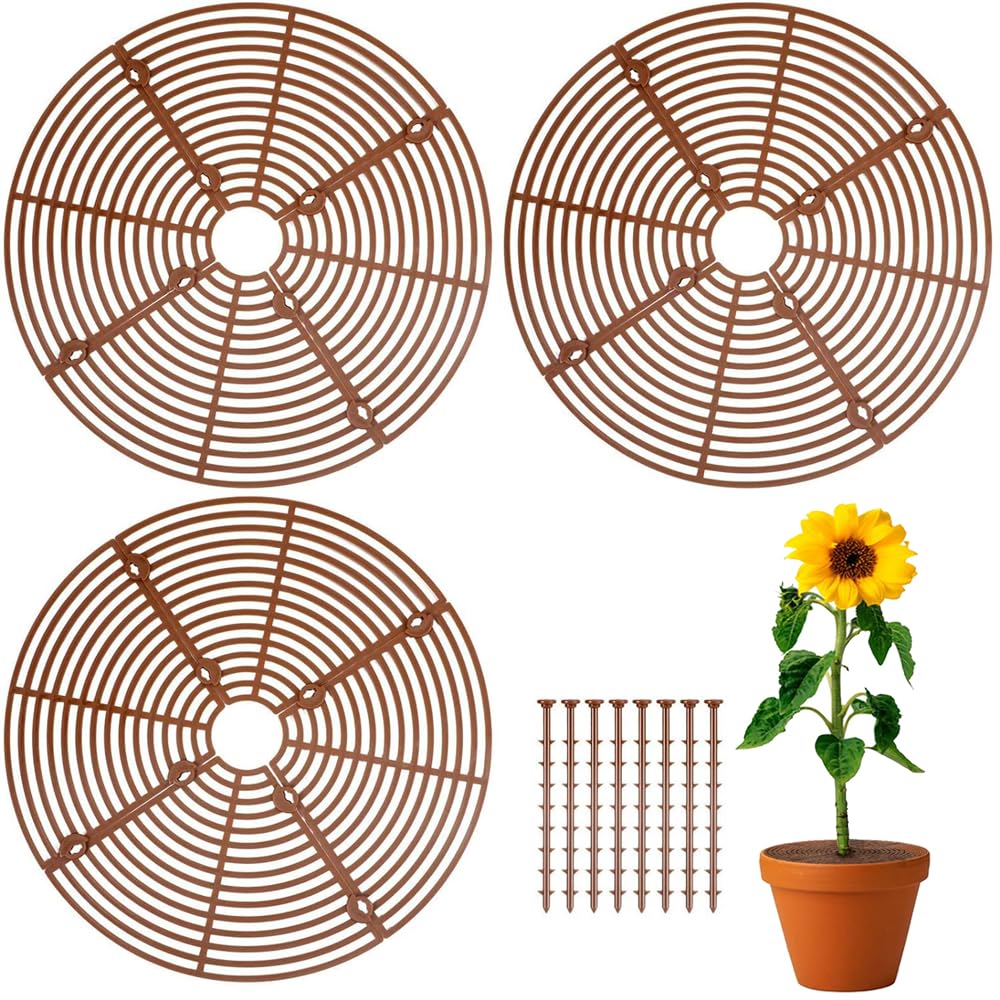 Plant Pot Grid With Center Cutout, Cuttable Flower Pot Cover With 24 Stakes, Plastic Plant Protector, Cat Digging Stopper, Baby Safety Grid Pot Cover (3 Pcs)