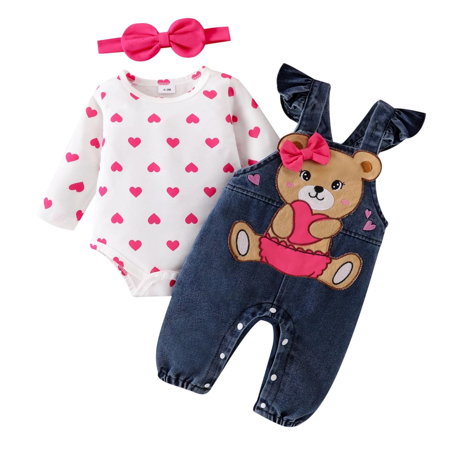 Baby Girl Clothes Outfits Fall Winter Cute Love Romper Bear Cartoon Overalls Jeans Pants Headband Set 0-18 Months