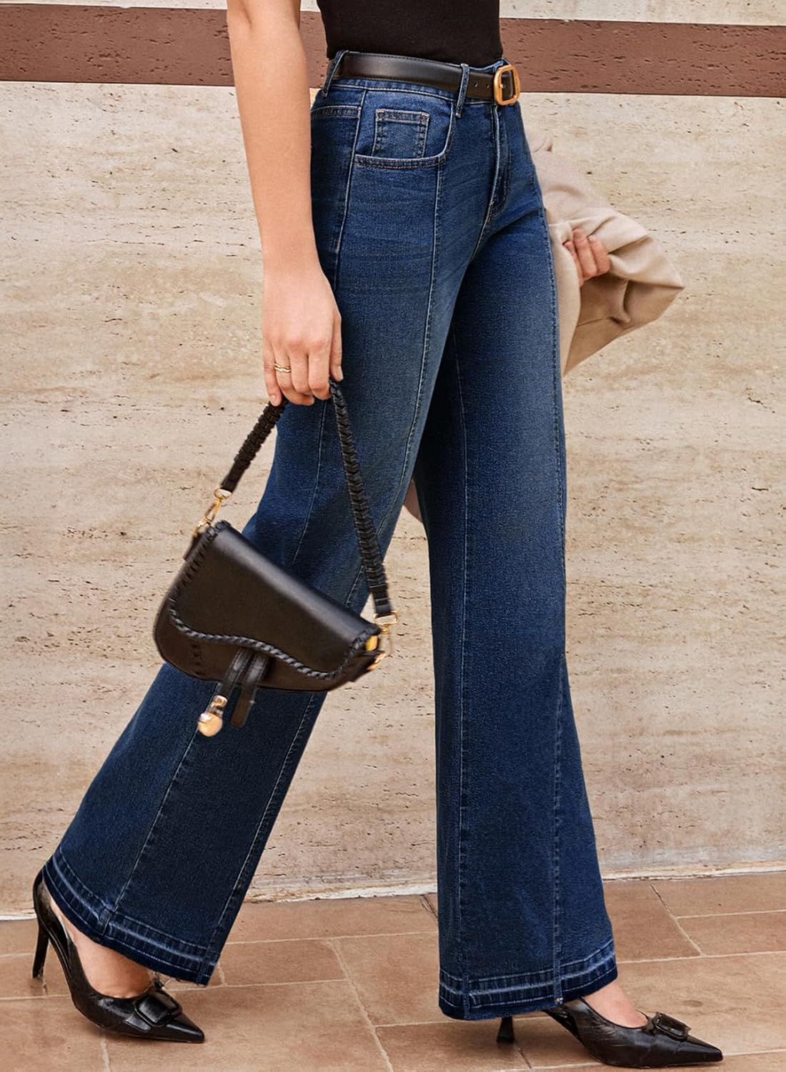 EVALESS Womens Jeans Trendy High Waist Straight Leg Wide Leg Frayed Baggy Raw Hem Boyfriends Stretchy Denim Pants