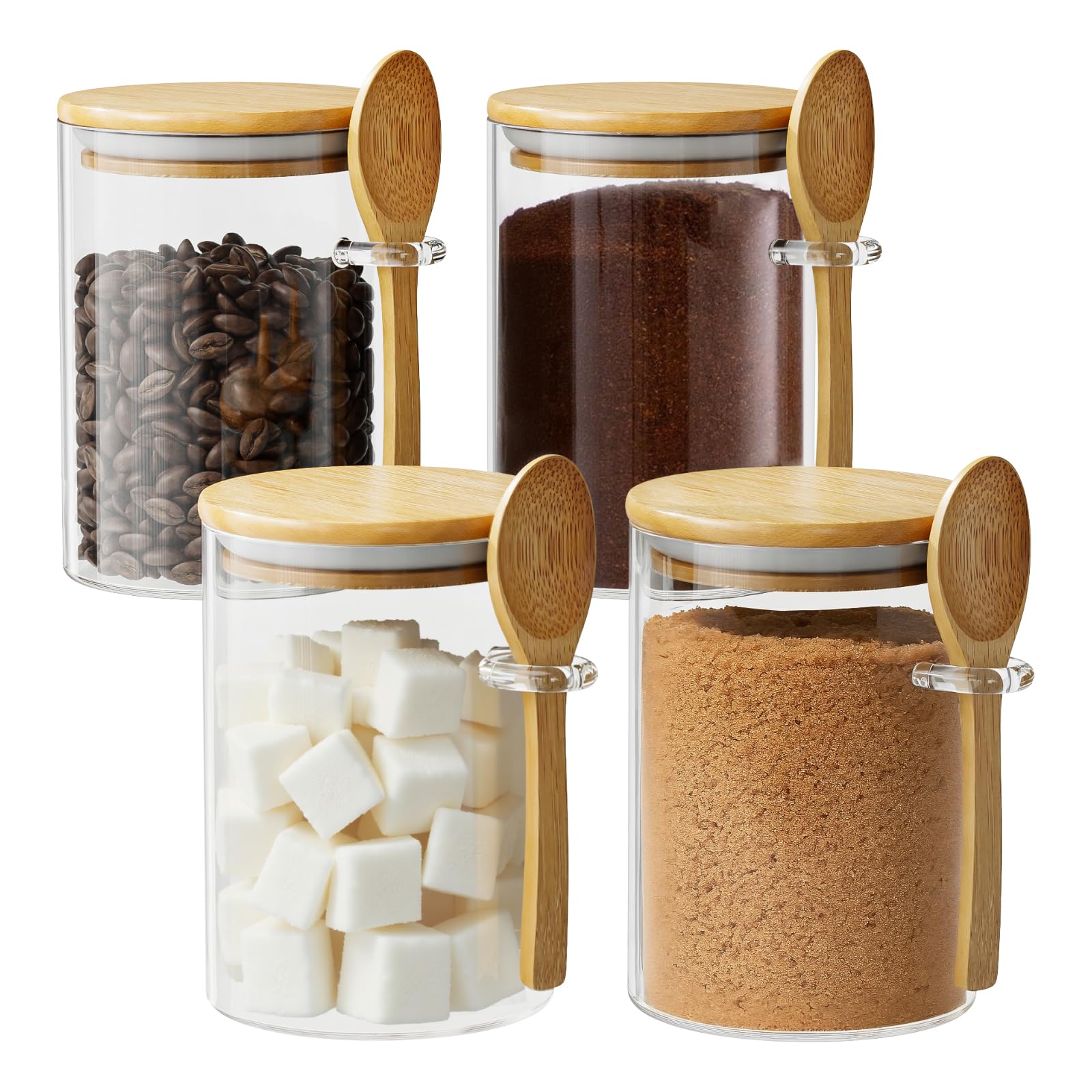 Glass Sugar Container with Spoon - 4 Pack 15oz Glass Jars with Bamboo Lid and Spoon, Bamboo Lid Storage Jar Containers for Coffee Beans, Spice, Brown Sugar, Tea, Flour, Nuts, Candy, Salts and More