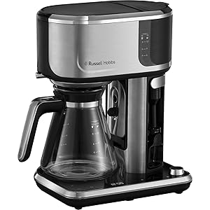 Russell Hobbs Cafetera de Goteo Attentiv, Jarra Cristal 1,25L, Filtro Extraíble, Táctil, Dispensación Automática, Vaporizador Leche, Cuchara Medidora, Programable, Acero Inoxidable, Plata - 26230-56
