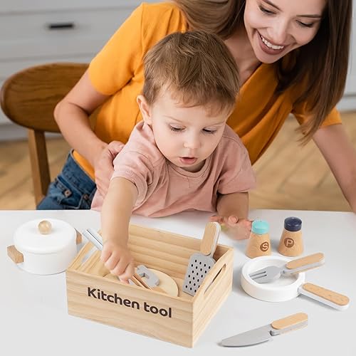 Miniatura 6 de Juego de 10 piezas de utensilios de cocina de madera, accesorios de utensilios de cocina, juegos de ollas y sartenes, juguete de aprendizaje de