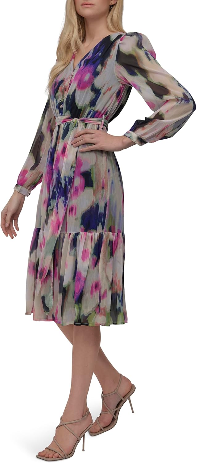 DKNY Womens Long Sleeve V-Neck Tie Waist Midi Dress - Image 3