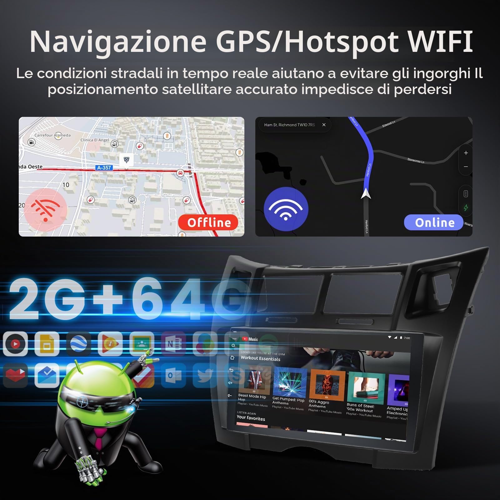 Hodozzy 2GB 64GB Android Autoradio per Toyota Yaris/Vizi 2005-2011 Radio con Wireless Carplay Android Auto, 9 Pollici Touch Screen Auto Stereo GPS Navigatore, Bluetooth, WiFi, FM RDS Radio, BT/DSP
