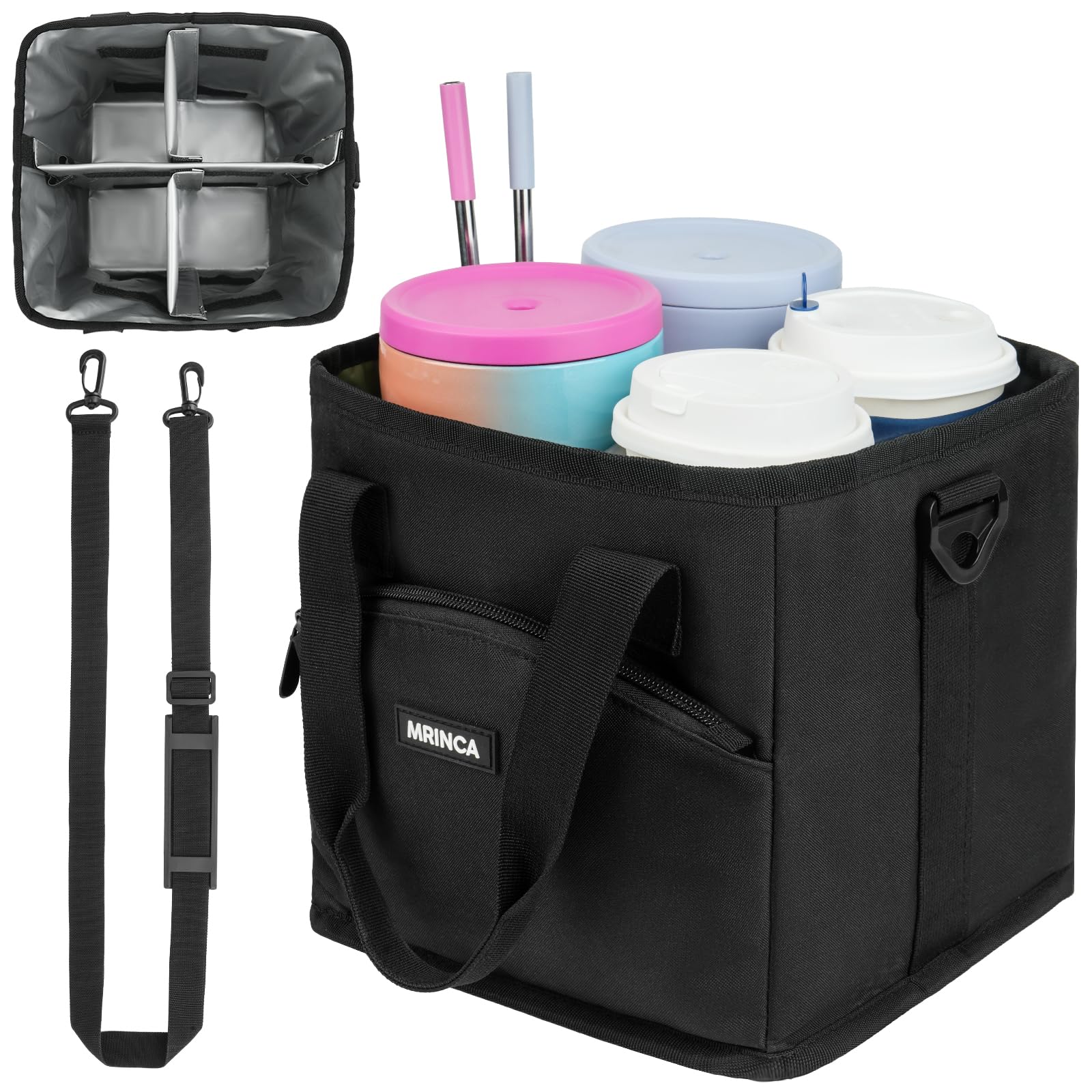 MRINCA Drink Carrier with Handle, 4 Cup Insulated & Leakproof Tote - Portable Reusable Cup Holder for Delivery Drivers, Car Travel, Family Outings Black
