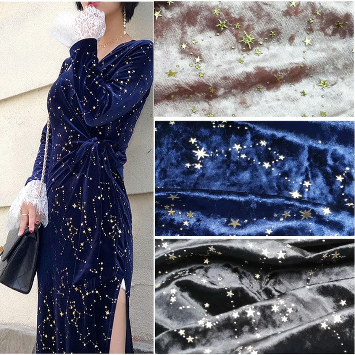100 * 140 CM Tissu bronzant étoile de Diamant de Velours d'or pour la Force élastique de Robe Mince Doux Quilting de Bricolage Patchwork de Flanelle Fait à la Main-Noir-200 cm X 140 cm