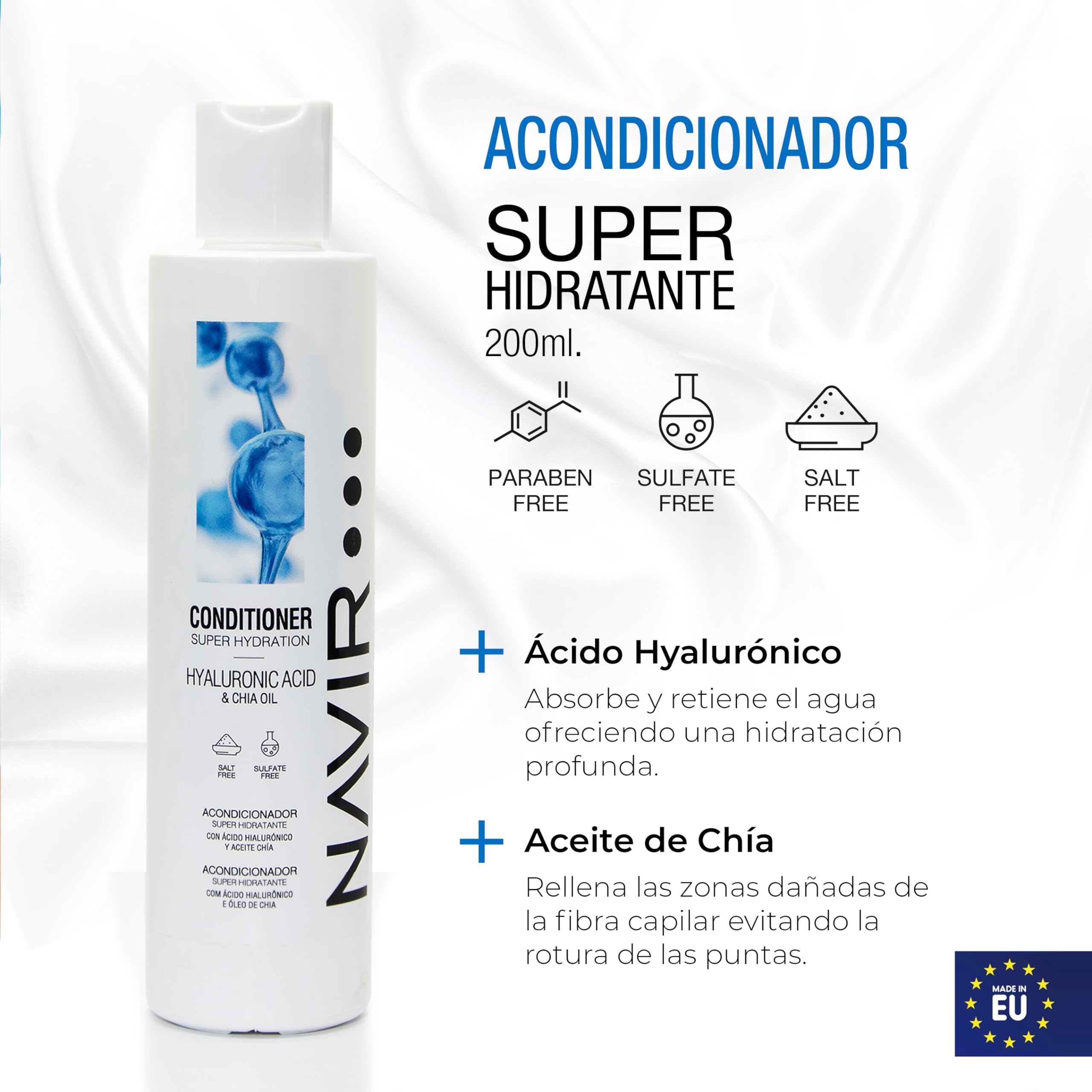 NAVIR Profesional | Pack champú sin sulfatos ni parabenos con Ácido Hialurónico y Keratina, mascarilla y acondicionador – Tratamiento post alisado orgánico hidratante para cabello - 500ml+200ml+200ml
