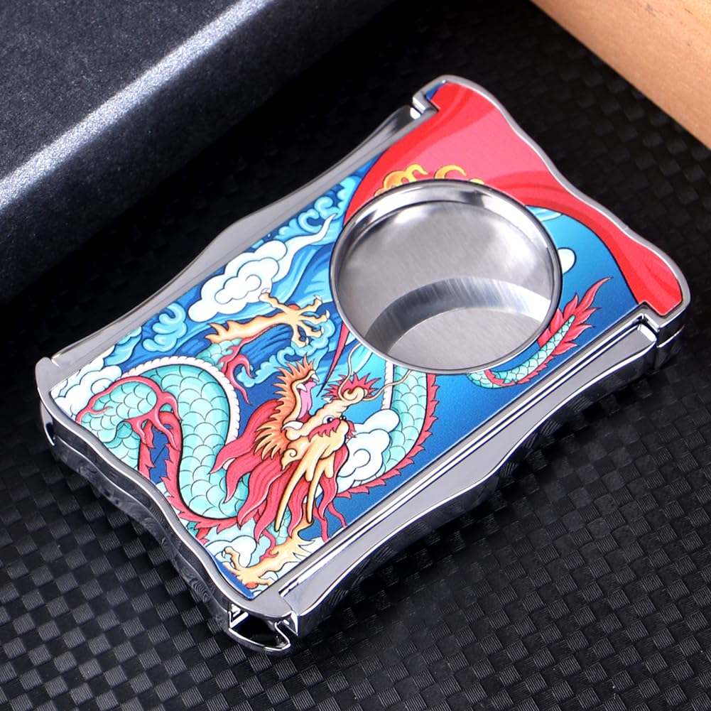 KEENSUN-Zinc Alloy Guillotine Stainless Steel Double Blade Dragon-Patterned Cigar Cutter with One Push Lock System,60 Ring Gauge,420J2 Stainless Steel Scalloped Cutting Blade with Gift Box - Image 4