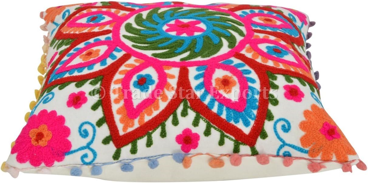 Trade Star 100% Cotton 16x16 Inches Modern Sofa Throw Pillow Cover Beautiful Embroidered Pom Pom Cushion Cover Spring Pillow Cover Fall Decor Cushion Case Decorative Handmade Euro Shams