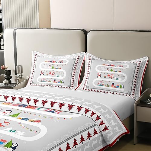 Miniatura 4 de Juego de ropa de cama de Navidad 100% algodón, tamaño matrimonial para niños y niñas, funda de edredón de pingüino de dibujos animados, 3 piezas,