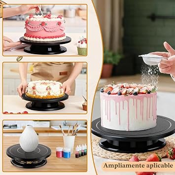Rotating Cake Plate 360°, 27 cm Rotating Tray for Professional or Home Baking, Black Rotating Stand for Decorating Cakes with 3 Cake Scraper for Baking Decorating