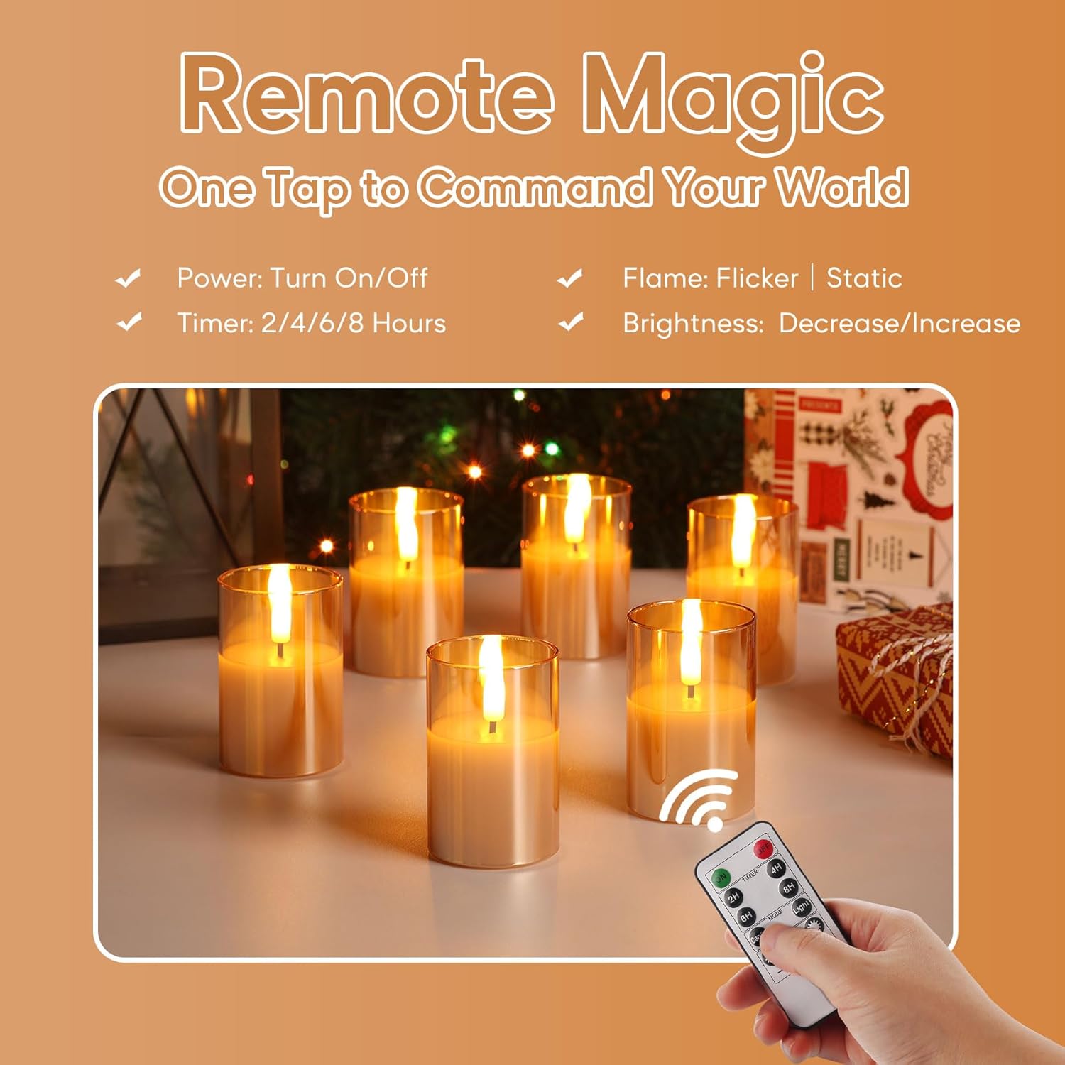 Gold Glass Flameless Votive Candles with Remote Timer, Real Wax Flickering Small LED Pillar Candles Set of 6 - Image 4