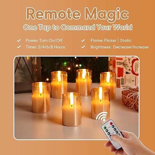 Miniatura 4 de Velas votivas sin llama de cristal dorado con temporizador remoto, velas LED parpadeantes de cera real, juego de 6