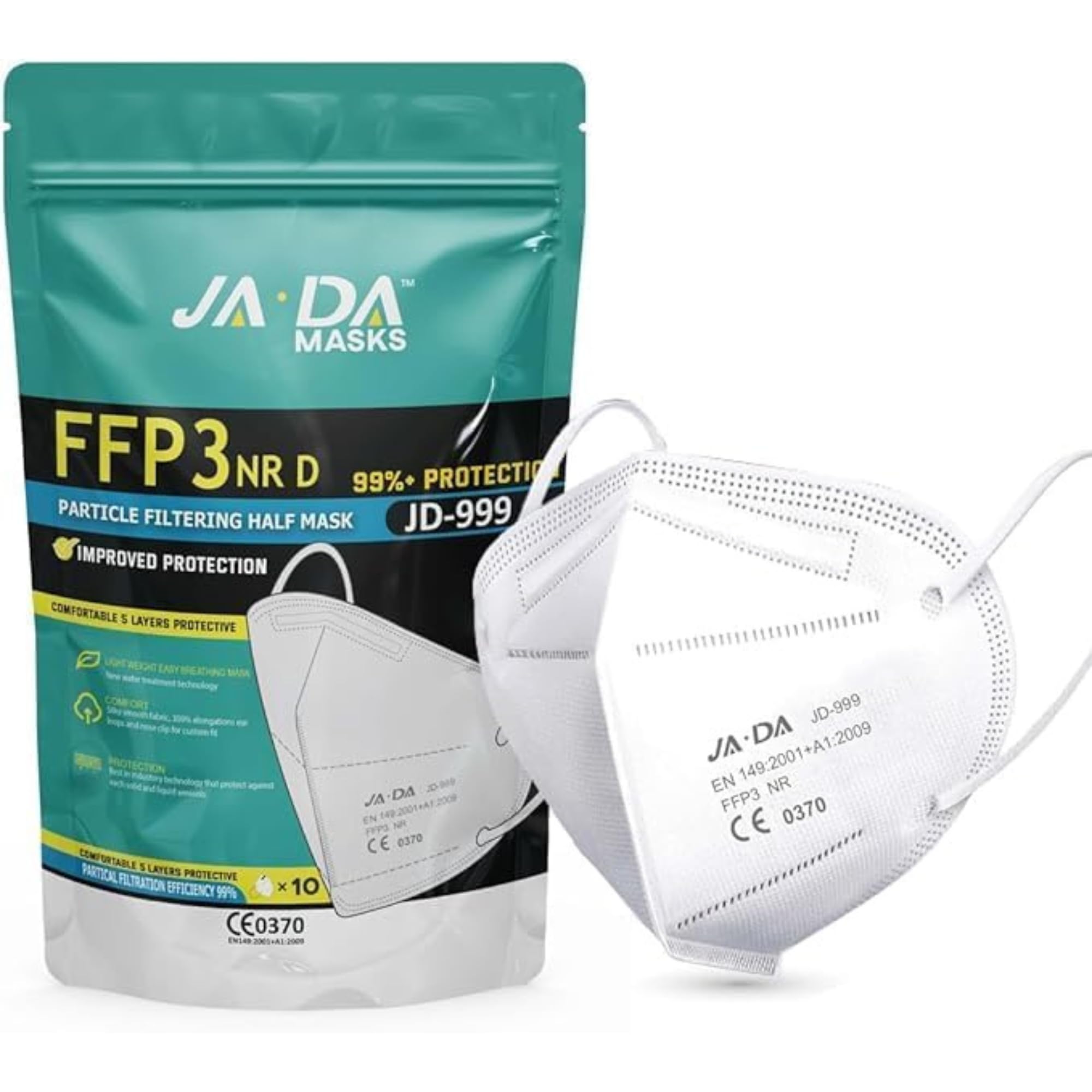 Apex Business Supplies 50pcs JADA FFP3 Face Masks UK Certified | FFP3 Masks With >99% Filtration Efficiency | Disposable Face Mask UK | Soft And Secure Fit Dust Mask (Packaging may vary)