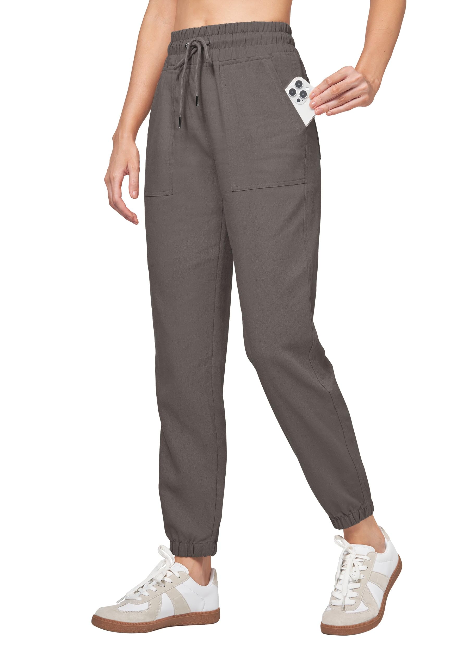 WILLIT Joggingbroek dames katoen linnen broek jogger sportbroek casual sweatpants lichte broek trainingsbroek lounge reizen zomer broek met zakken, grijs, XS