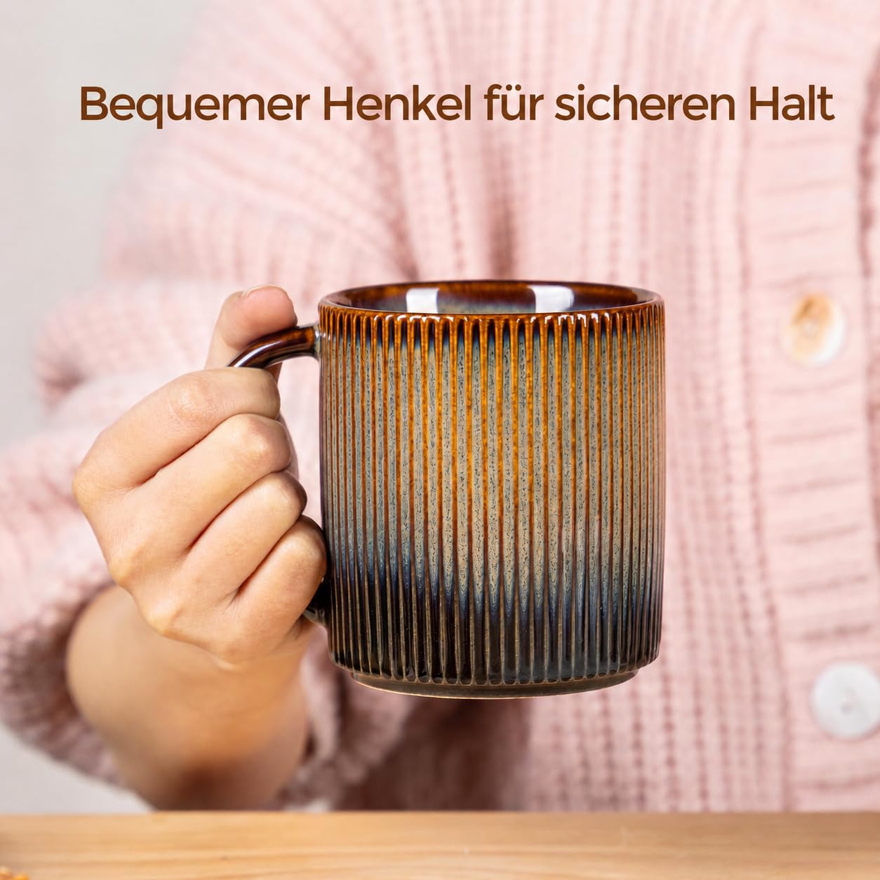 theterra Kaffeetassen Set 6er, 420 ml Steingut Tassen Set mit Henkel