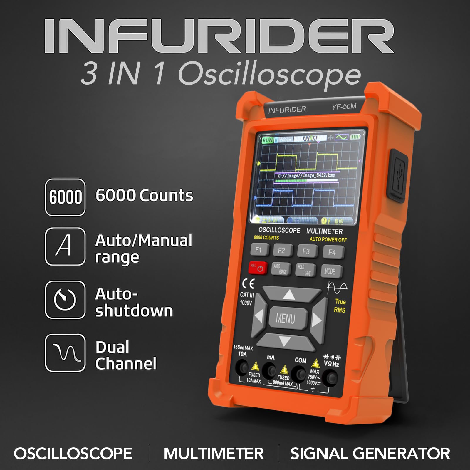 Osciloscopio digital 3 en 1 multímetro, generador de señal profesional, osciloscopios de laboratorio de 50 MHz con 2 canales, 200 m/280 msa/s, comprobador de continuidad con 6000 cuentas
