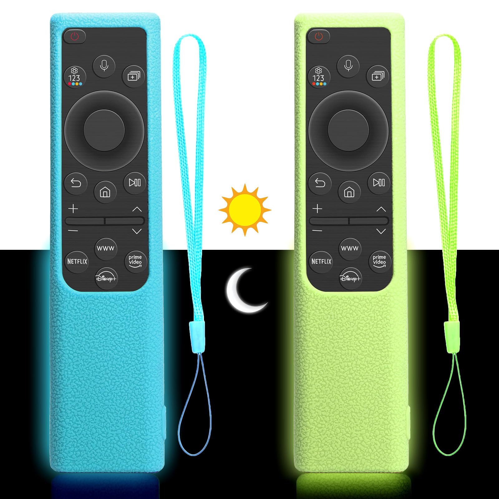 2er Set Silikon Schutzhülle für Samsung Fernbedienung BN59-01357/BN59-01385/BN59-01388A/01388H/01388L/BN59-01393C rutschfeste Fernbedienungshülle mit Nachtleuchtfunktion (Grün+Blau)