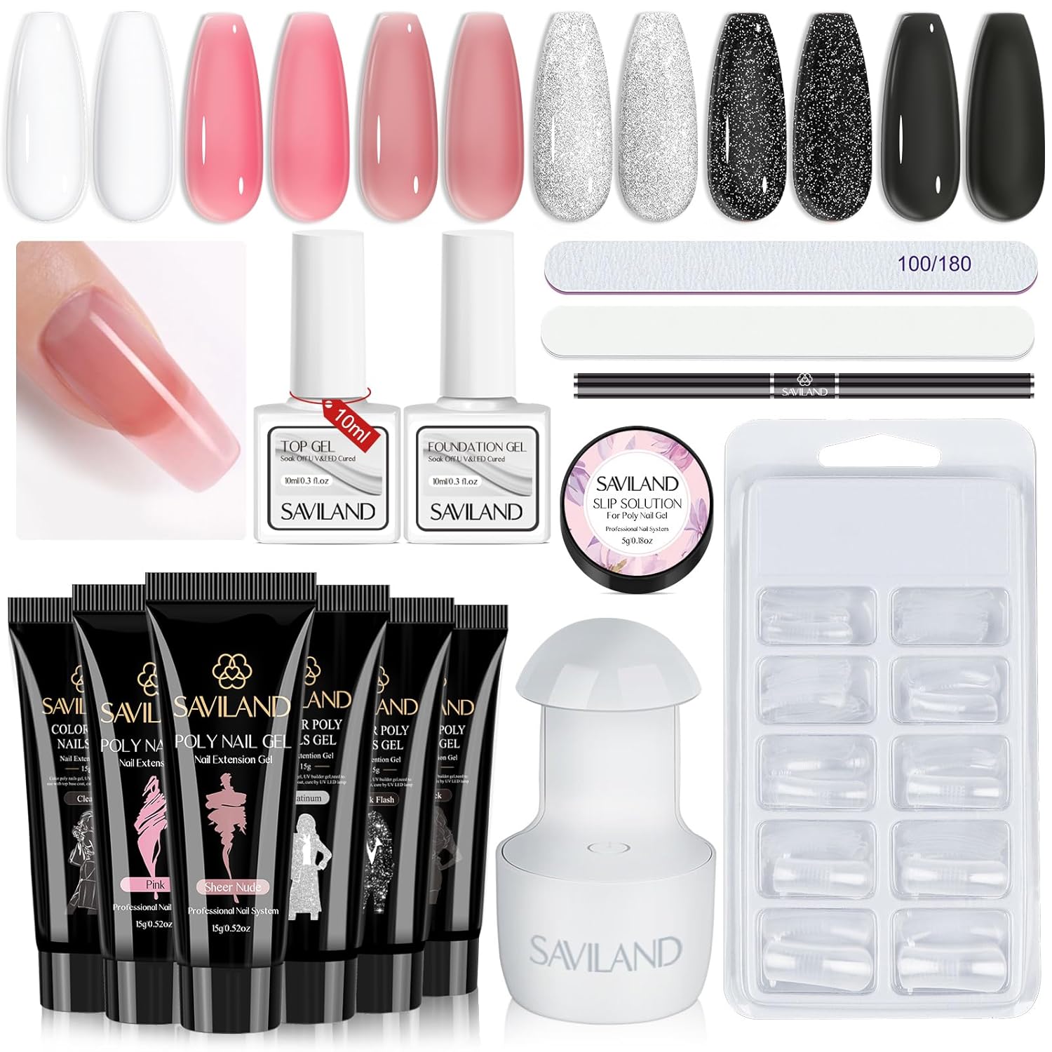 Poly Gel Nail Kit Starter Kit: Saviland 6 Colors Pink Nude Poly Nail Extension Gel Kit with U V Lamp Fast Dry Poly nail gel for Beginners with Everything DIY at Home Gifts for Women