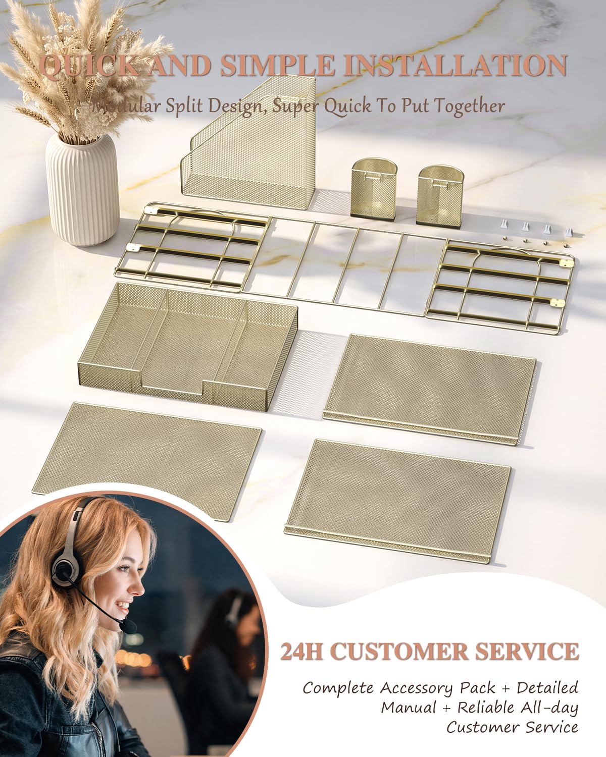WALI Desk File Organizer, 4 Tier Desktop Paper Letter Tray Organizer with Drawer and 2 Pen Holders, Office Desk Accessories & Workspace Organizers for Office, Home, School Supplies, 1 Pack, Gold view 9