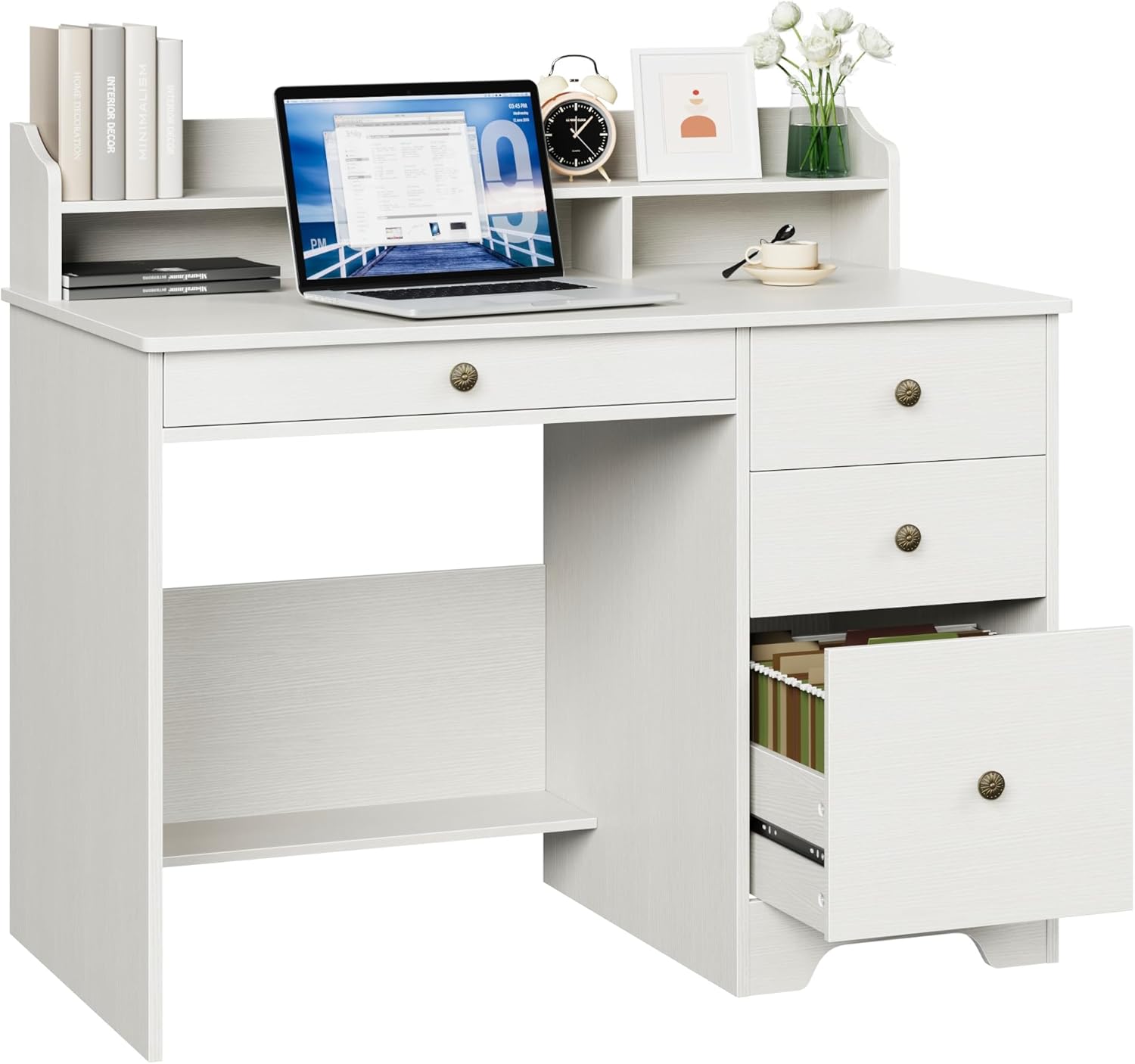 TTVIEW Computer Desk with Drawers and Hutch Shelf, Wood Executive Desk Writing Study Table with 43” Wide Tabletop, Small Desk with File Drawer for Home Office Bedroom, White Oak