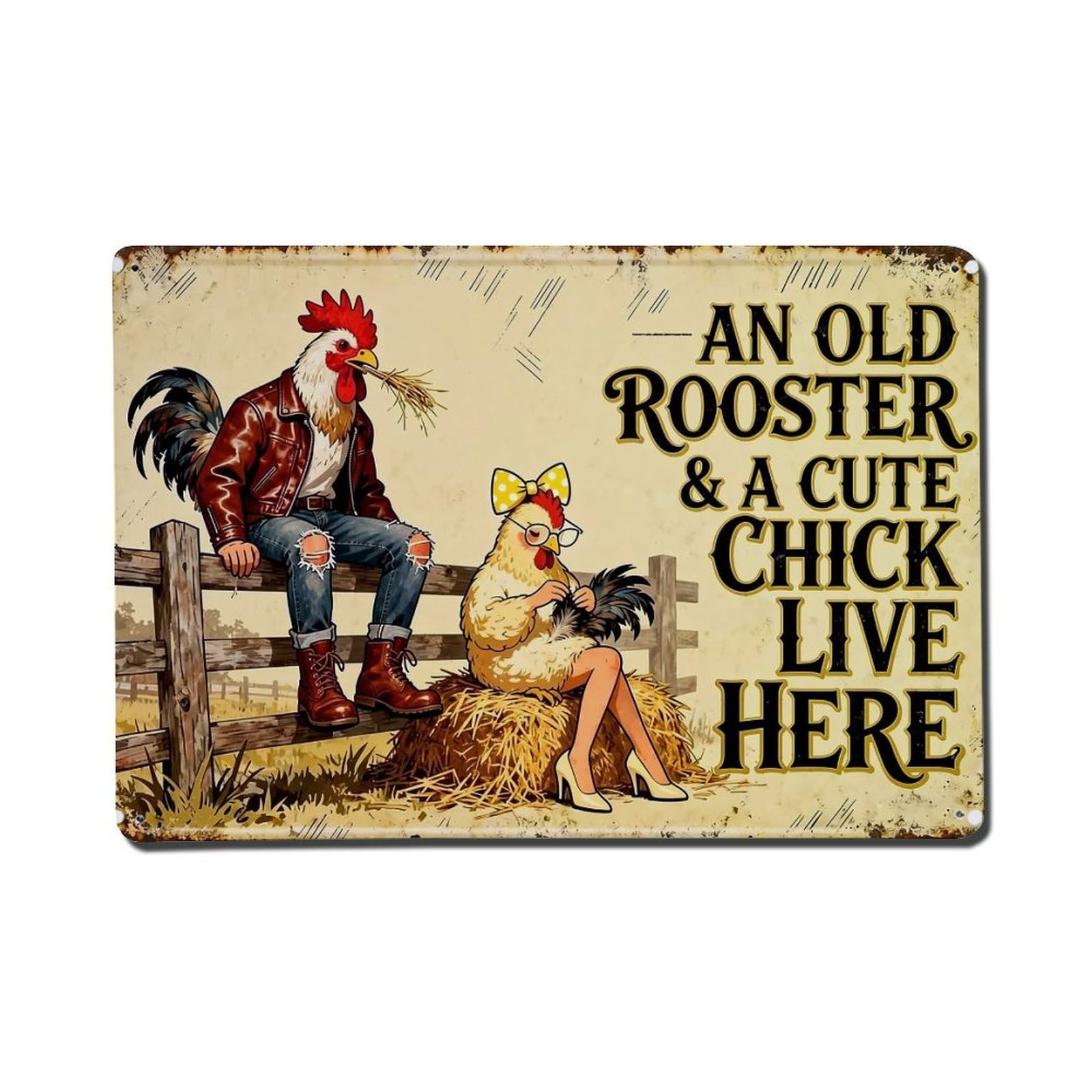 Rooster Chick Fence Hay Barn Retro Metal Tin Sign, Vintage Decor Art Poster for Bar, Home, Man Cave, Kitchen, Laundry Room Gift 8x12Inch