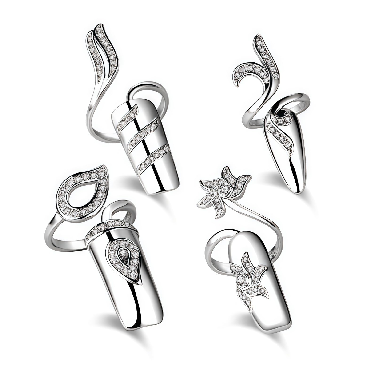 QUUPY 4PCS Women Fingernail Rings Rhinestones Finger Tip Rings Silver Opening Ring Nail Decoration Nail Protecting Fingernail Gift for Wedding Party Travel